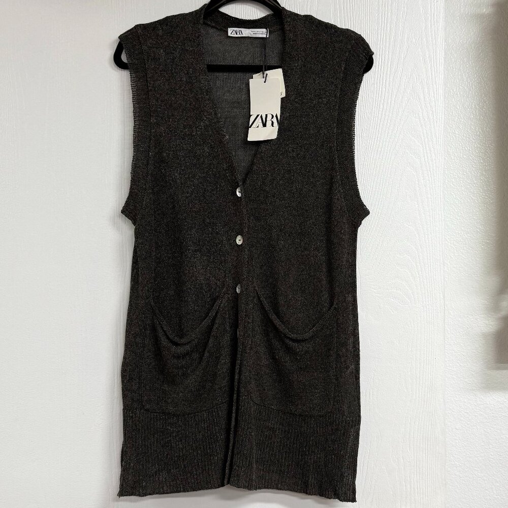 ZARA Knit Waist Coat Jacket Vest IN DARK OLIVE GREEN size S